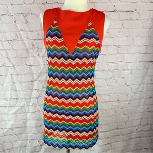 Fashionomics Multicolor Chevron Mini Dress womens S sleeveless retro rainbow